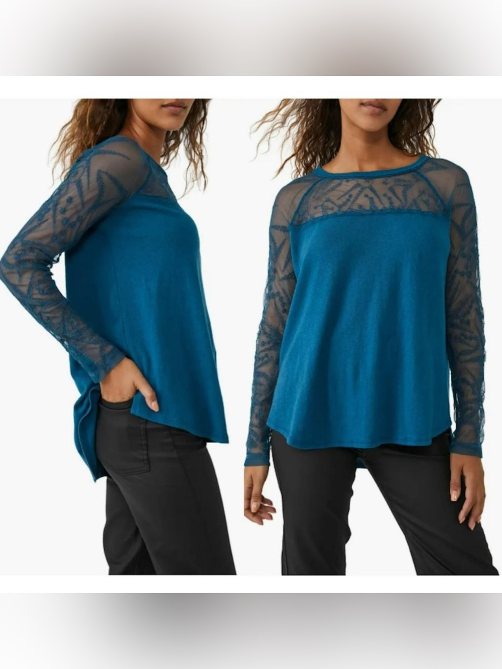 Free People Tunic Shirt Womens Small Blue Sheer Mesh Embroidered Long Sleeve